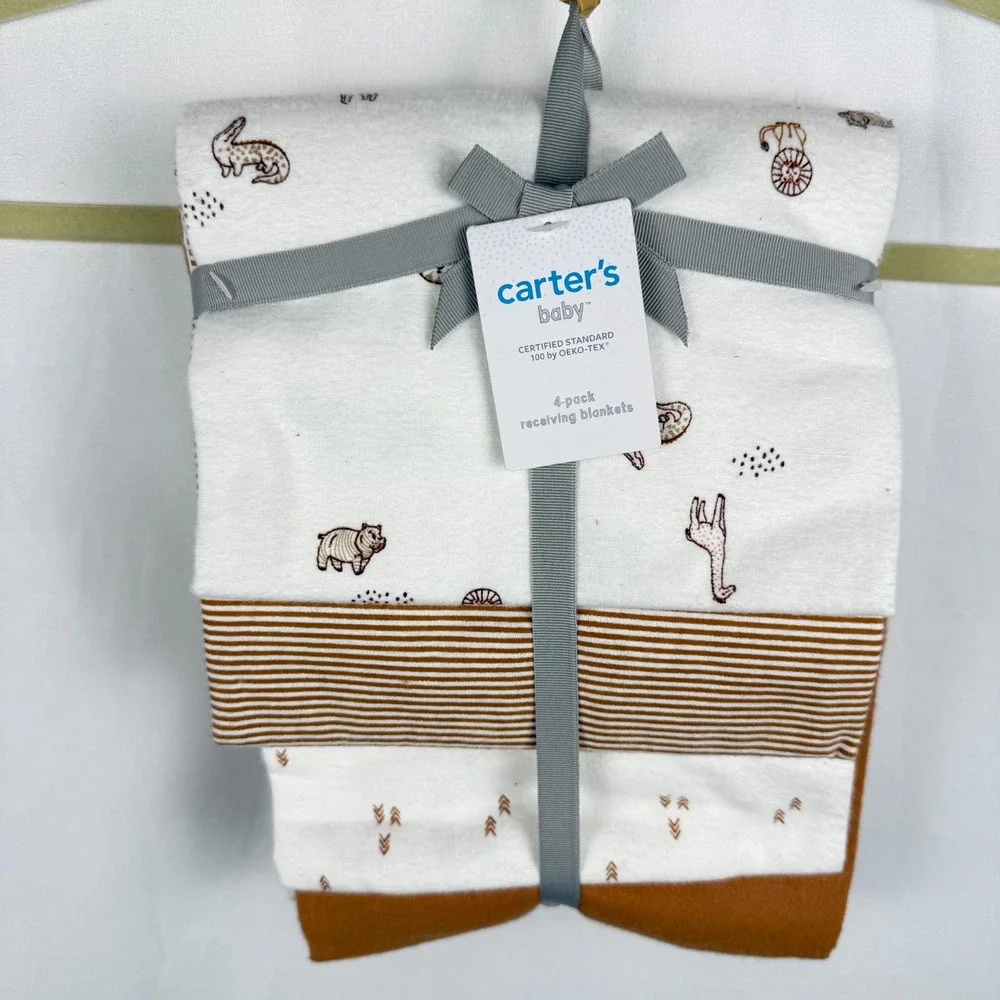 NEW Carter's Baby 4-Pack Receiving Blankets Zoo Animals Neutral Minimal Soft NWT